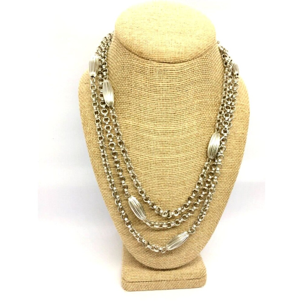 VINTAGE BRUSHED SILVER Necklace Tone Long Layered Chain Ribbed Melon Bead